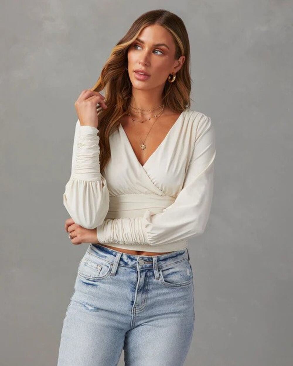 [Olia] White Draped V-Neck Ruched Waist Pleated Long Sleeve Blouse NWT Size XL